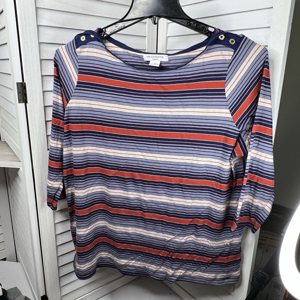 Vtg Liz Claiborne Woman 1X Striped Nautical Top Button Shoulder Cotton‎ Modal